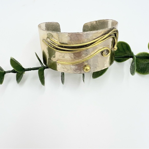Hammered Silver Colored Cuff Bracelet with Gold Colored Design